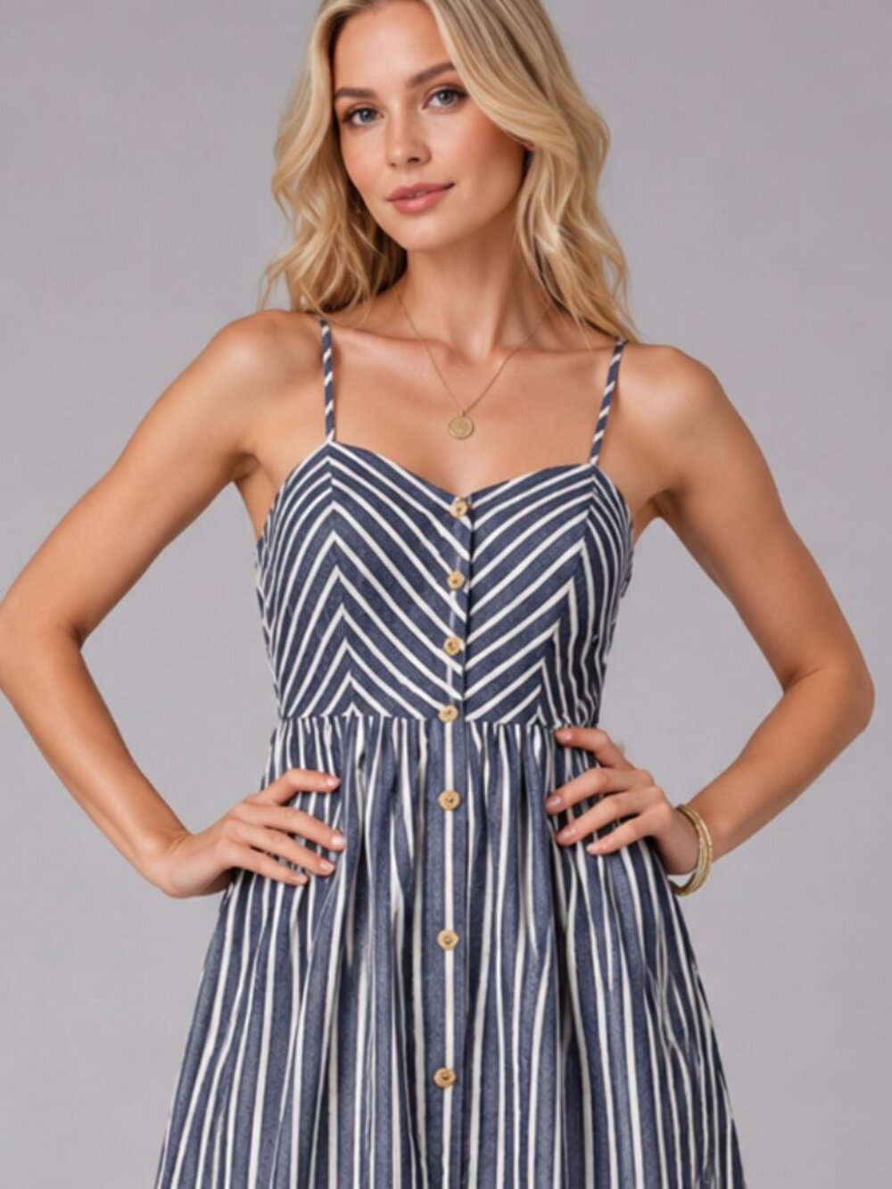 Women's Cotton Striped Midi Sundress Button Front Spaghetti Strap Casual Dress - Picture 6 of 6